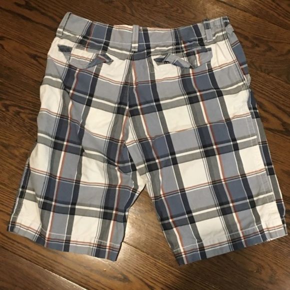 Mens Blue Plaid Longer Length Flat Front Shorts Size 33 - Picture 4 of 10